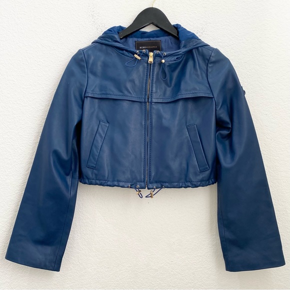 BCBGMaxAzria Blue Cropped Hooded 100% Leather Jacket Size XS - Picture 7 of 16